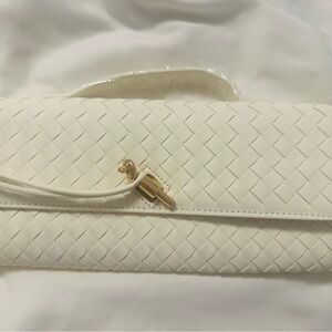 Woven White Leather Clutch with Gold Accent Crossbody Summer Bag